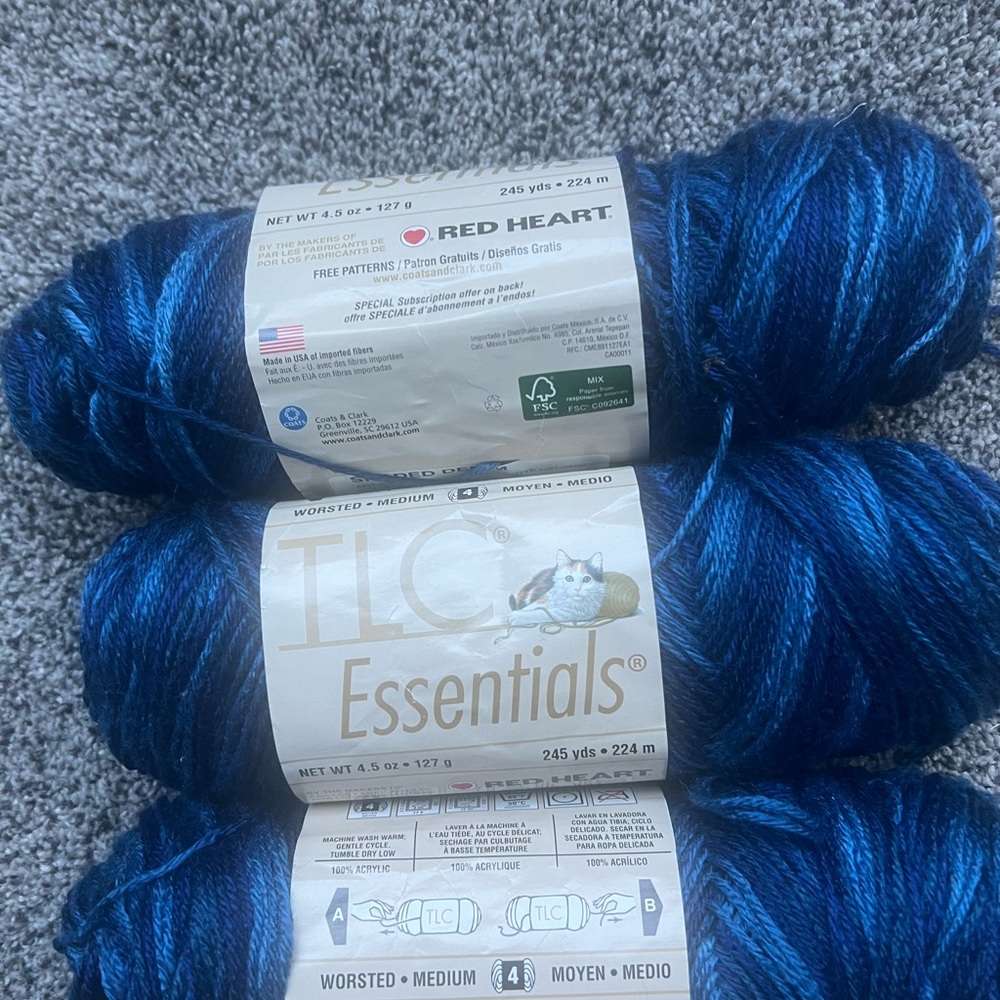 TLC Essentials Variegated Blue Acrylic Yarn Skeins- lot of 3medium worsted- Mad